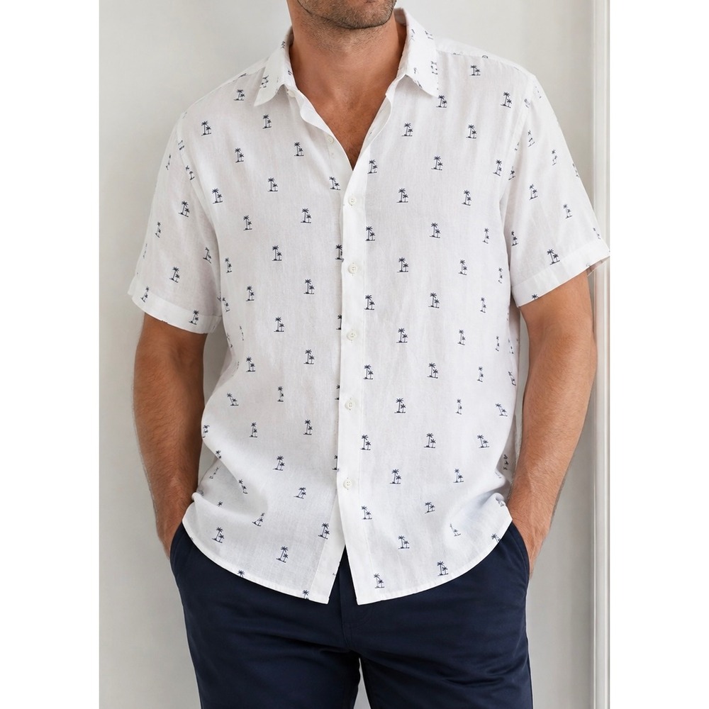 Magaschoni Man Linen Shirt Mens XL White Blue Palm Tree Print Short Sleeve